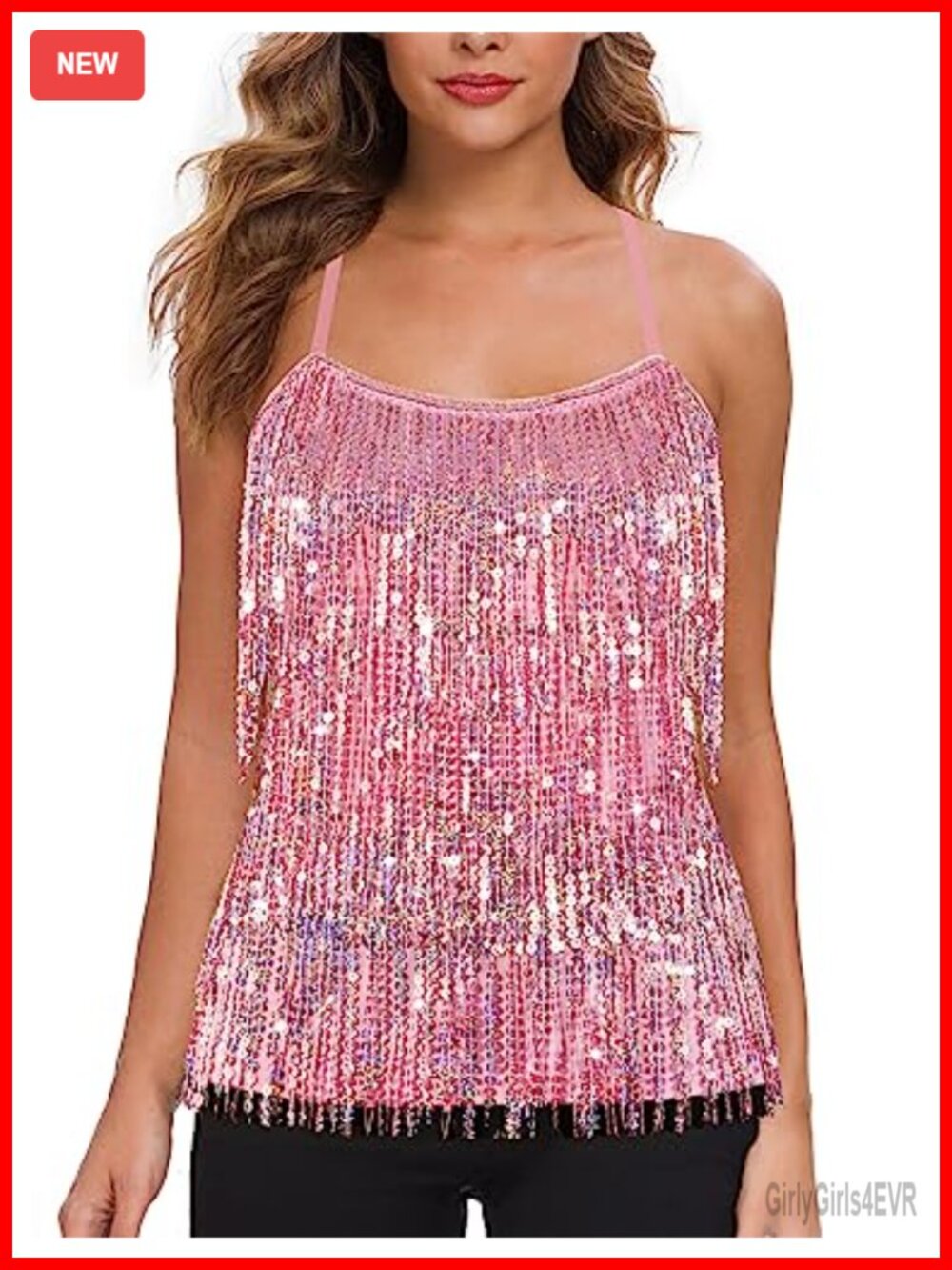 Sequin Fringe Tank Top Sleeveless Party Tassel Trim Cami